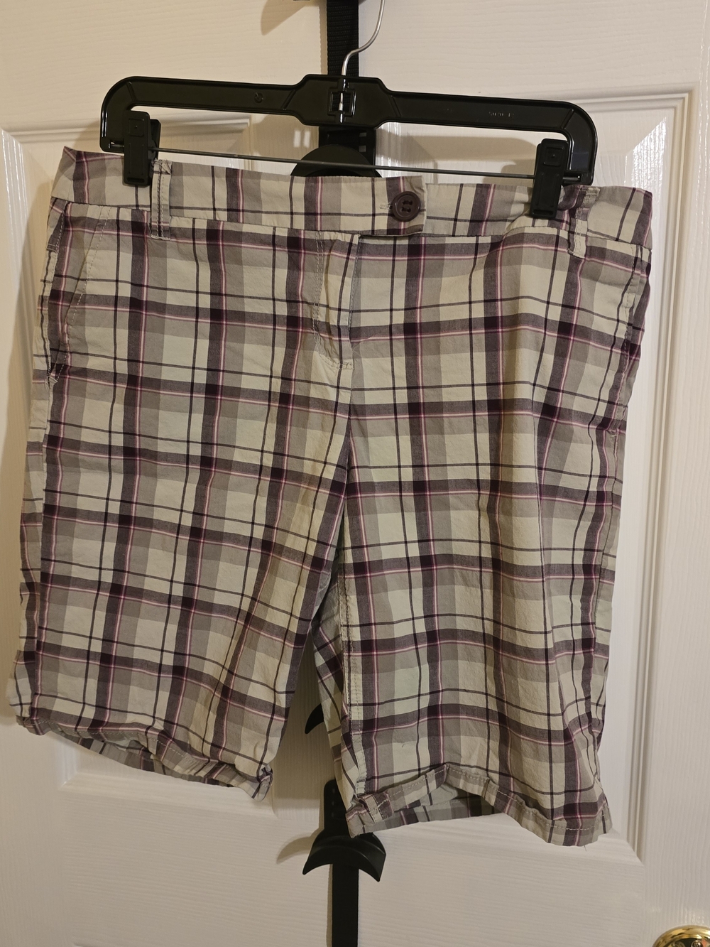 New York & Company Cream and Purple Plaid Bermuda Shorts